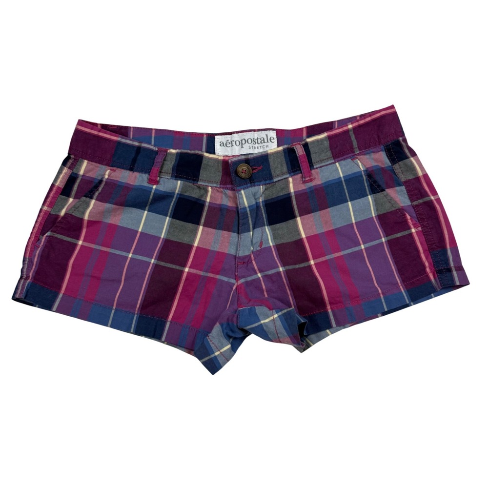 VTG Y2K Aeropostale Stretch Plaid Mini Micro Shorts Blue Pink 3/4 Ultra Low Rise